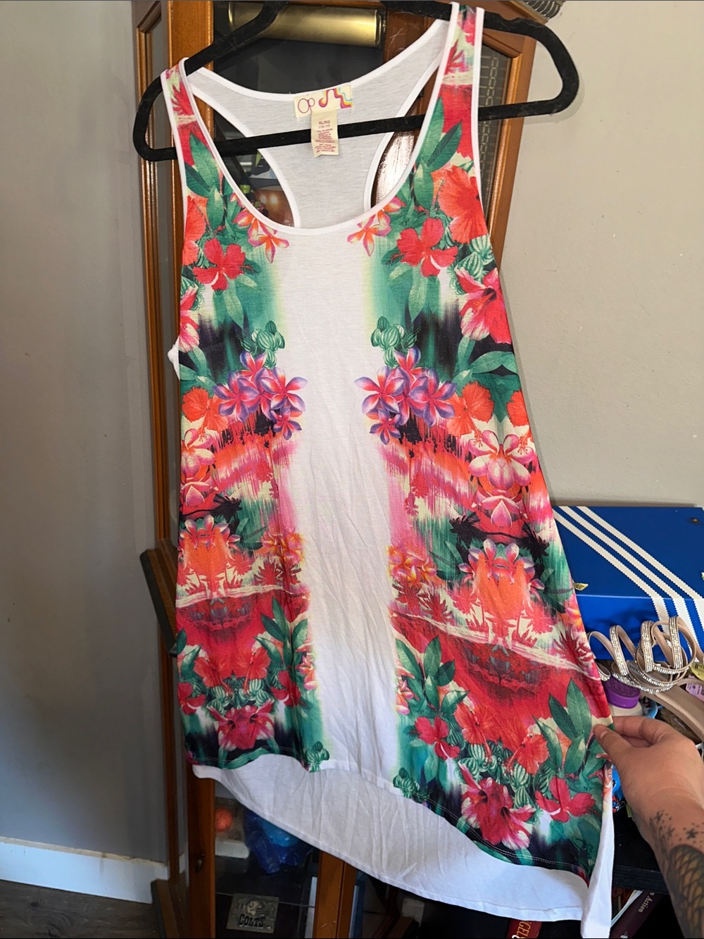 OP White Racerback Tank with Vibrant Tropical Floral Print